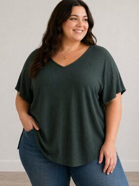 Old Navy Luxe Plus Size Hunter Green Ribbed Flowy V-Neck Top Women's Size 2X